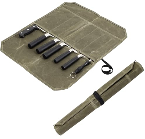 FEXPDL Chefs Knife Roll Bag - Waxed Canvas Knife Case with 7 Slots - Army Green
