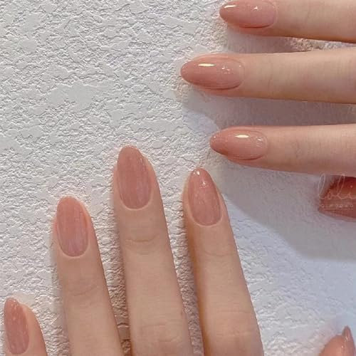 24pcs Short Oval False Nails Nude Pink Stick on Nails Ombre Glitter Press on Nails Removable Glue-on Nails Fake Nails Women Girls Nail Art Accessories