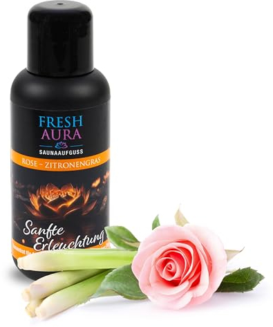 FRESH AURA Saunaaufguss – Sauna Aufgussmittel mit Rose, Zitronengras – Sehr ergiebiger und langanhaltender Saunaduft mit natürlichen ätherischen Ölen | Made in Germany (100ml)