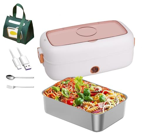 Fiambrera Electrica Coche Adecuado Para Portátiles De 110 V/12 V/24 V, Tartera Electrica Comida Trabajo Aislamiento Térmico De Larga Duración Alimentado Por USB, Fiambreras Comida Trabajo,White