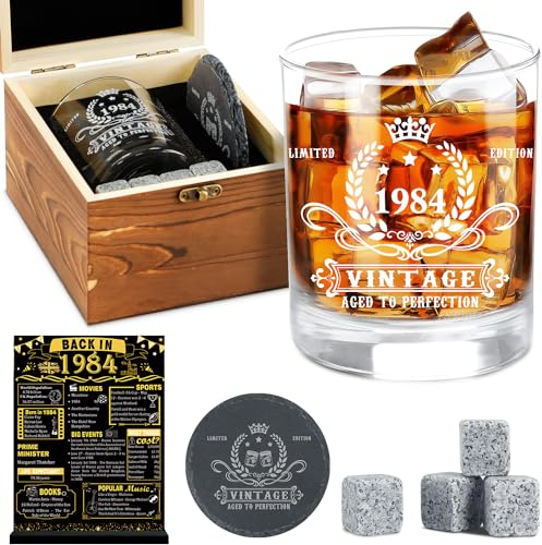 Amosking 41th Birthday Gifts for Men,Vintage 1984 Whiskey Glass Set for Men,Wood Box &1984 Poster Anniversary Card & Coaster &Whiskey Stones,Bday Gifts Ideas for Him, Dad, Husband,Friends