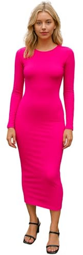 STAR FASHION Vestito da donna a maniche lunghe aderente midi da donna girocollo elasticizzato tinta unita Plus Size Dress, Fucsia, 40-42