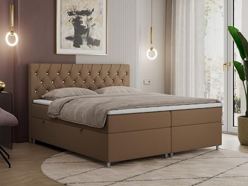 MKS MEBLE Boxspringbett 120x200 mit Bettkasten, Boxspringbett 120x200 mit Matratze, Doppelbett mit Matratze und Topper - Polsterbett mit Kopfteil - Stauraumbett - Roma 120x200 - H4 Braun Kunstleder