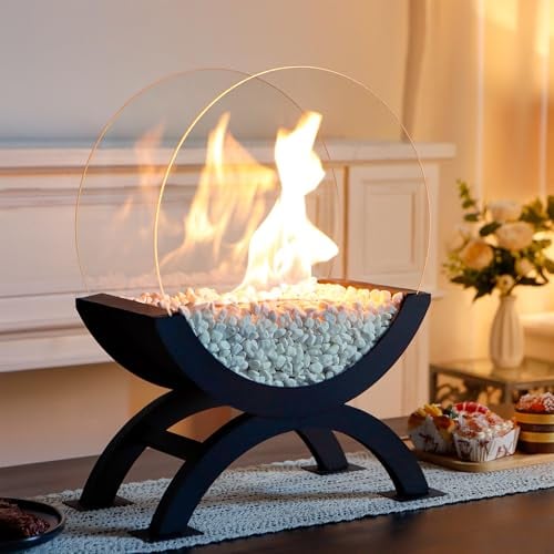 JHY DESIGN Chimenea de Mesa Redonda portátil, 48 cm de Altura, Quemado Limpio, bioetanol, sin ventilación, Chimenea de Vidrio, Base para Interiores y Exteriores, terraza, Fiestas, Eventos (Negra)