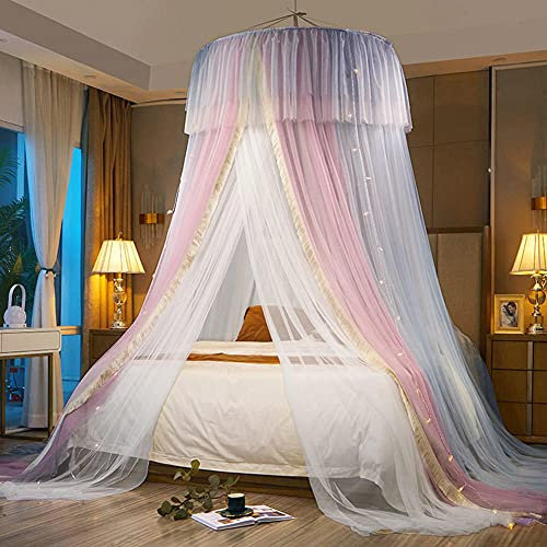 SETSCZY Prinzessin Baldachin Bett Vorhang Moskitonetz, Bett Baldachin Prinzessin Bett Vorhänge Spitze Kuppel Moskitonetz Doppelbett hängender Mückenschutz mit LED-Lichterkette für Mädchen,Rosa
