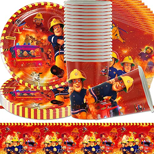 Vaisselle de Fête Pompier,Pompier Vaisselle,Vaisselle sur Le Thème des Pompiers,Set de Fête de Pompier, Tasses, Assiettes, Papier, Nappes (61PCS 20Invités)