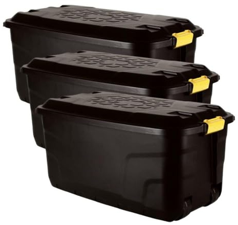 Original Organics 145L Heavy Duty Plastic Storage Trunk with Wheels – Black, Extra Large Garden & Garage Storage Box, Lockable Clip Lid, Mobile Tool and Equipment Storage, Water Resistant - Set of 3