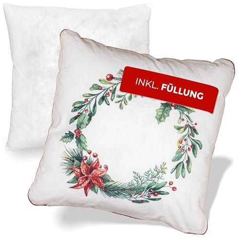 NOAH VERDE Zierkissen-Weihnachten Kranz, Winterliches Deko Kissen, Sofakissen mit Füllung und Bezug Kissen 45x45 Winter-Kissen, Landhausstil Deko Geschenk für Frauen Zierkissen & -hüllen Stechpalme