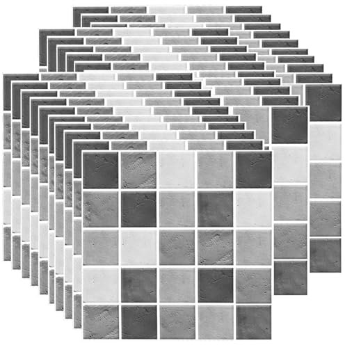 Ledeak 30 Stück 10x10cm Fliesenaufkleber, Schwarz und Weiß PVC Selbstklebende Fliesenfolie, Entfernbare Wasserfest Mosaik Wandfliesen Aufkleber, Vinyl Fliesensticker für Bad & Küche (Grau und Weiß)