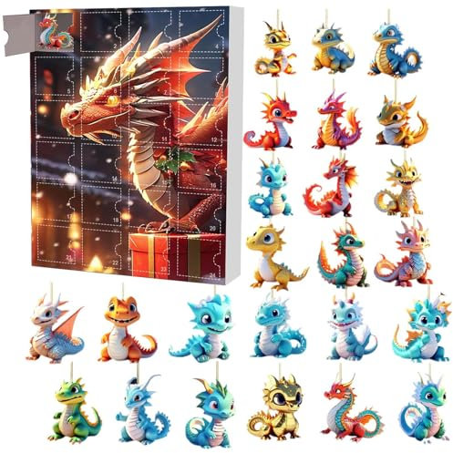 Christmas Dragon Adventskalender - Einzigartiger Drachen-Adventskalender | Drachen-Themed Weihnachtskalender, 2D Adventskalender Dinosaurier Anhänger Spielzeug, Drachen Sammlerstück Adventskalender