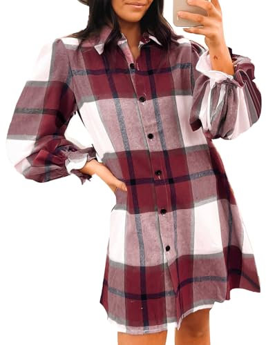 OUSIMEN Chemisier à manches longues boutonné pour femme - Tunique à carreaux - Chemises décontractées classiques - Manteau à revers, Rouge, S