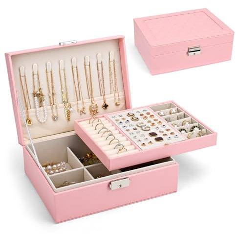 Yarmiene Joyero, Joyeros Mujer Organizador, 2 Niveles Caja Joyero Organizador Joyas Cuero PU, Portátil Joyero Viaje Caja de Joyería para Mujer para Anillos, Pendientes, Pulseras, Rosa Durazno
