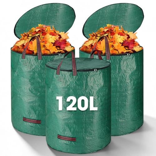 Riisoyu 3 x 120L Gartenabfallsack, Gartensack mit Deckel und Griffen Wiederverwendbar Laubsack Gartenabfallsäcke Wasserdicht Faltbar Laubsäcke für Blätter Gras Gartenabfälle Laub Hecke Gartenabfall