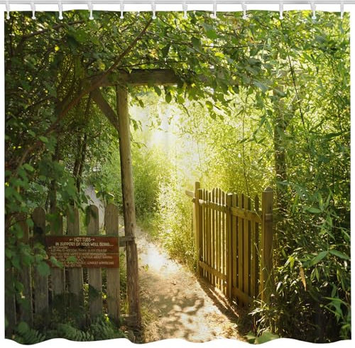 Qucarder Green Bamboo Forest Scenery Shower Curtain Open Wooden Fence Walkway to Garden Bath Curtain Waterproof Shower Curtains for Bathroom Decor with 12 Hooks 72x72 Inch