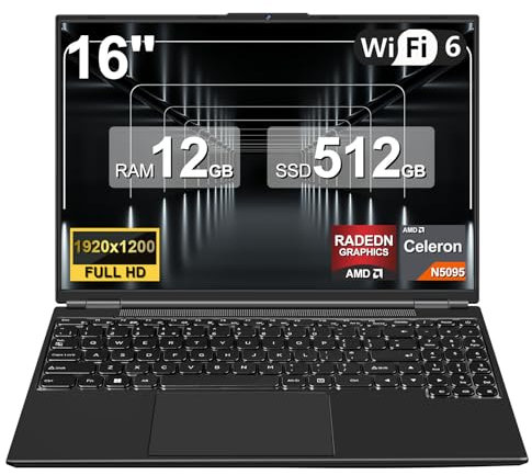 PC Portatile Win 11 Laptop 12+512GB 1TB SSD Espansione, 16 Pollici Computer Portatile Celeron N5095 (fino a 2.9Ghz) 丨Ventola di Raffreddamento丨Notebook Supporto 5G WIFI丨1920*1200 2K Schermo - Black