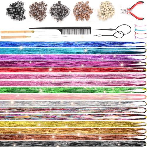 VIVIIHOO Hair Tinsel Set - 3200 Strähnen zum Flechten, 48 Zoll, 16 Farben Glitzerhaarsträhnen zum Einklipsen, Haar Lametta mit Werkzeug und Zubehör für Frauen Mädchen Kinder, Cosplay Party Zubehör