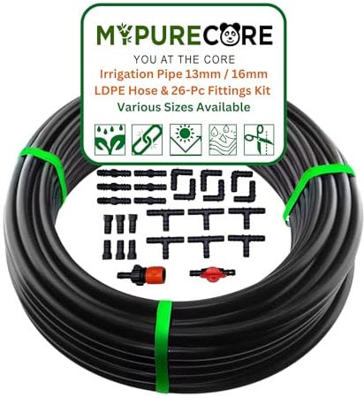 MYPURECORE Irrigation Pipe 13mm / 16mm & 26-Pc Fittings Kit – LDPE Garden Watering Hose Set – Heavy Duty UV Resistant Tubing for Drip System, Greenhouse, Plant Irrigation – Easy DIY Install (25m)