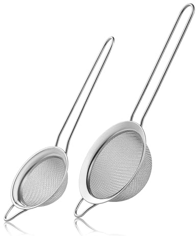 2 Pack Fine Mesh Strainers, Mini Stainless Steel Strainer with Handle for Kitchen, Metal Sieve Sifters for Straining Tea, Matcha, Cocktail, Juice and Coffee (8.6in 7.5in)