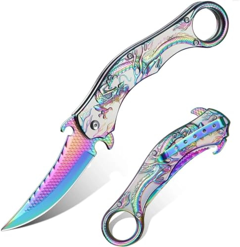 Dream Reach Drachenmuster Klappmesser, Cool Outdoor Taschenmesser Bunt | Cool, 3D Drachen-Prägung, in Geschenkbox für Männer, für Outdoor Camping, Bunt
