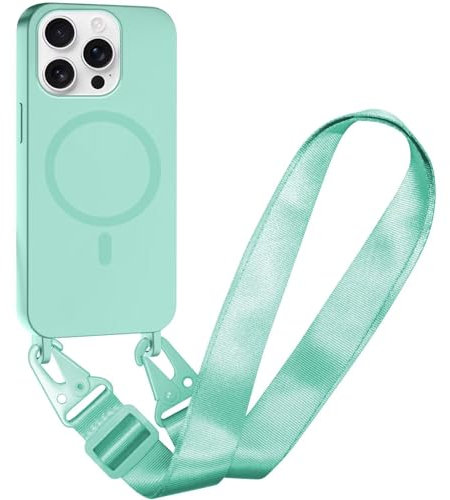 FERLAN Compatible with iPhone 12 Pro Max Wireless Charging, Shockproof Removable Phone Case with Strap Adjustable Neck Cord Necklace Soft Cover for iPhone 12 Pro Max, Mint Green