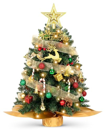 Tatqilo 2ft Pre-Lit Christmas Tree, 60CM Artificial Xmas Trees with LED Lights and Decorations, Mini Tabletop Christmas Tree for Christmas Holiday Party Home Decor