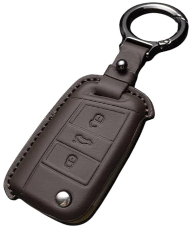 Echtes Coffee Black Leder Autoschlüsselhülle Schutzhülle passend für VW Volkswagen Golf 7, Polo, Tiguan, Taigo, Seat Leon, Ibiza, Skoda Octavia, Superb, Fabia – 3 Tasten