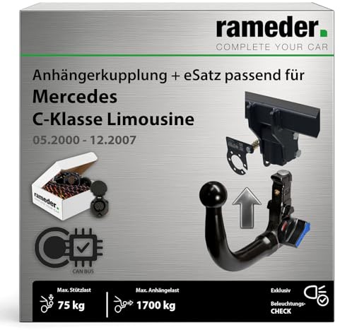 Anhängerkupplung abnehmbar Auto Hak passend für Mercedes C-Klasse Limousine Typ W203 Baujahr: 2000-2007 inkl. 13 poligem spezifischen CAN-Bus Elektrosatz | rameder. Komplettsatz - V2