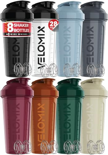 VELOMIX 8 Pack 28oz Protein Shaker Bottle for Protein Mixes, Midnight Black | Shaker Cups for Protein Shakes, Gym and Pre Workout
