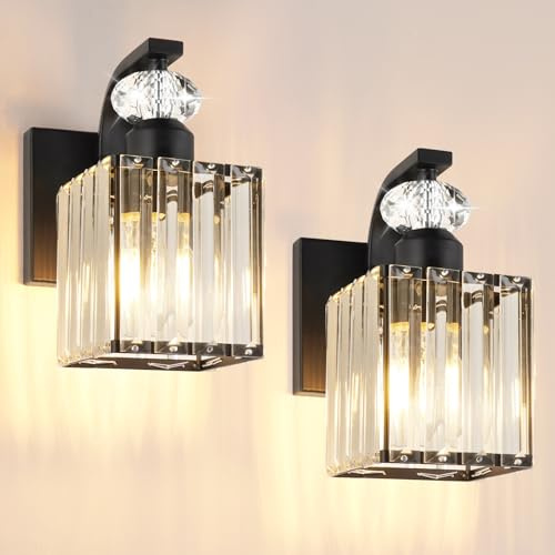 Wandleuchten 2er-Set, schwarze Wandleuchten Deko mit Kristall-Lampenschirm | Moderne Vanity-Leuchten für Bad Schlafzimmer Wohnzimmer Flur, E27 hitzebeständige Fassungen, 2*A60 warme LED-Lampen inkl.