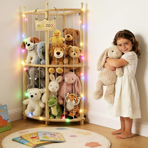 Wood Soft Toy Storage with LED Light Stuffed Animal Storage Organizer 2-Storey Soft Teddy Bear storage Holder Large Plush Toy Storage Zoo for Baby Kids Nursery Rooms Bedrooms Living Room Corner