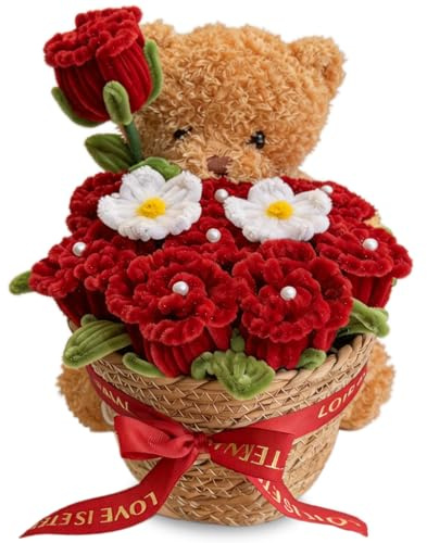 Aloskart Rosa Eterna per Scovolini con Orsetto, Rosa Fiori Stabilizzati, Scatola Regalo Rosa Eterna per lavoretti per Lei, Mamma, Moglie, Anniversario, Natale, Festa della Mamma