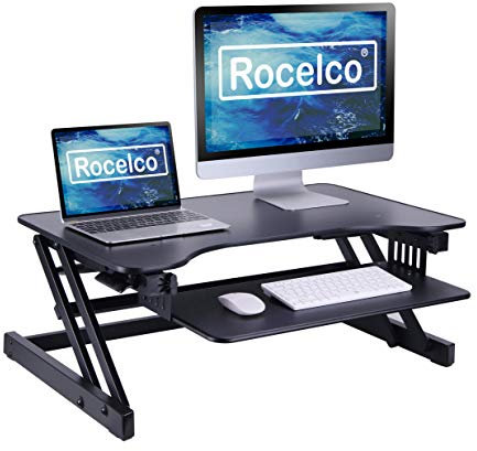 Rocelco 32 Height Adjustable Standing Desk Converter - Slide Out Retractable Keyboard Tray - Sit Stand Up Double Monitor Riser - Dual Piston Lift Assist Tabletop Computer Workstation - Black (R ADRB)