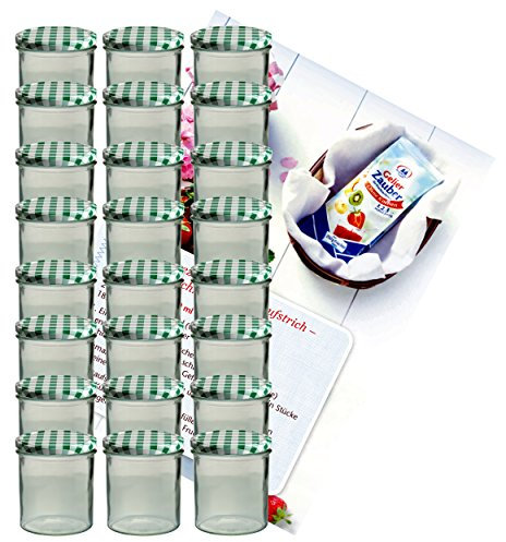 MamboCat Lot de 24 bocaux en verre de 350 ml avec couvercles verts à carreaux To 82 + livret de recettes Diamant-Zucker Gelierzauber (français non garanti)