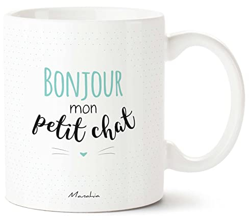 Manahia Mug Chat - Bonjour mon petit chat - Bleu - Imprimé en France - Avec boite Kraft - 330 mL Céramique - Cadeau Saint Valentin - Cadeau Homme - Tasse Chat - Amour