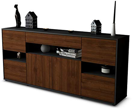 Stil.Zeit Sideboard Ginevra, Korpus anthrazit matt, Front Holz-Design Walnuss (180x79x35cm) Push-to-Open Technik & Leichtlaufschienen