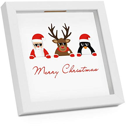 PHOTOLINI Bilderrahmen Spardose zum Befüllen 20x20 cm weiß, Merry Chrismas Objektrahmen Geldgeschenke, 4 austauschbare Motive, Aufstellen & Aufhängen, DIY - perfekt zum Basteln und als Geschenk