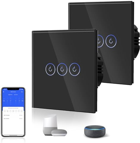 BSEED Smart Light Switch 2 Pack Smart Alexa 3 Gang 2 Way WiFi Switchable Switches, Glass Panel Wall Light Switch Black, Goggle/Voice Control, Sharing Devices (Neutral Wire Required)
