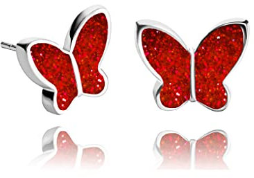 Luxus Klein Ohrstecker für Damen (Stil 29 - Funkelnd Schmetterling Rot Silber)