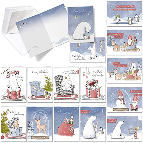TOBJA Weihnachtskarten mit Umschlag Set - 15 witzig schöne Klappkarten | Doppelkarten mit Briefumschlag Tiere im Schnee | Jede Karte individuell bedruckt auf hochwertig dicken Papier | Karten by