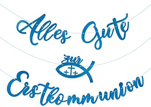 FLOFIA Kommunion Girlande Alles Gute zur Erstkommunion Banner Blau Glitzer Deko Taufe Konfirmation Papiergirlande Dekobanner Hängedeko für Taufe Party Dekoration
