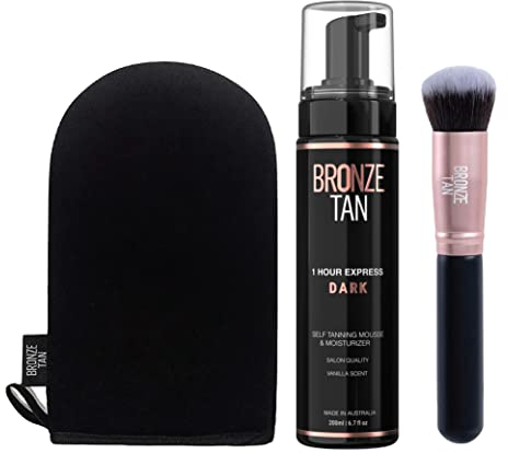 Bronze Tan Dark Self Tanning Kit All Natural 1 Hour Express Sunless Tanner Mousse 200 ml, Instant Self Tanning Lotion mit Bronzer, Selbstbräuner Handschuh und Kabuki-Pinsel
