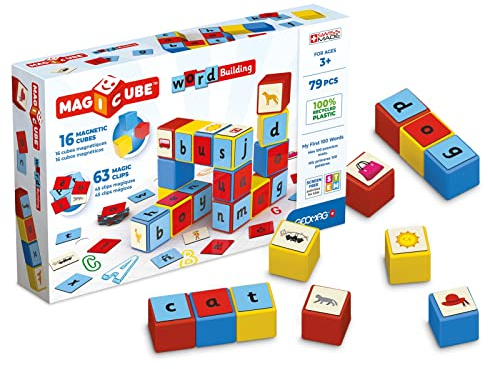 Geomag, Magicube Word Building Clips, Magnetische Spiele für Kinder ab 3 Jahren, Set zum Englisch Lernen, 79-teilige Packung