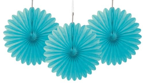 Unique 47168 Terrific Teal Tissue Paper Fans - 6'', 3 Count Mini Decorations-15 cm Colour-Pack of 3