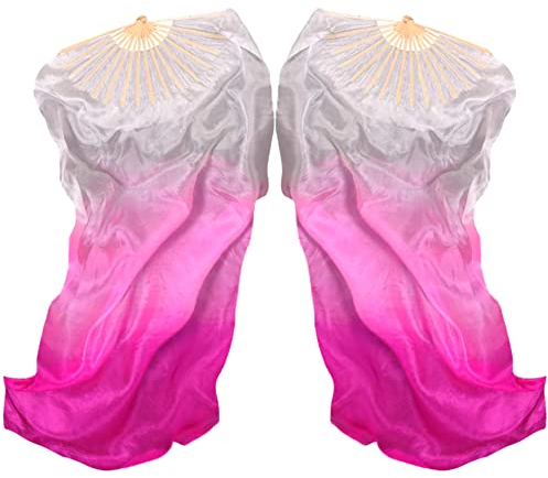 Hayaww 1 Paar FäCherschleier Bauchtanz, Lange FäCher Bauchtanz Fans SchleierfäCher Schleier Bambus-FäCherschleier Bauchtanz Schleier Lang Bambus Fan Zum Tanzen,1.8m,FüR Auftritte(Verlauf Rosa Rot)
