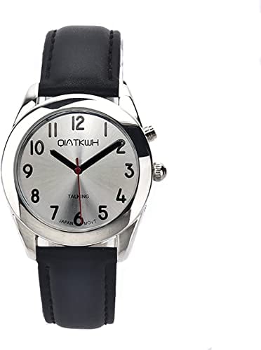 QIATKWH Deutsch sprechende Uhr,Zifferblatt mit Sonnenmuster, Gehäuse aus Silberlegierung, schwarzes Lederarmband (mit einem einziehbaren Edelstahlarmband).