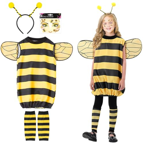 Sprinlot Déguisement Abeille Enfant, Jaune Robe Rayée, Abeille Bandeau, Costume d'Abeille avec Ailes, Abeille Costumes pour Carnaval Cosplay Animaux Fête
