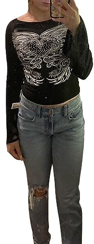 FeMereina Y2k Long Sleeve Tops for Women Vintage Rhinestones Wings Graphic Tees Shirt 2000s Emo Grunge Aesthetic Clothes (Black, S)
