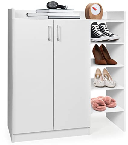COSTWAY Wooden Shoe Cabinet, Freestanding Hallway Cupboard Shoe Storage Organizer with Adjustable Shelves and Double Door, Slim Footwear Rack Shoes Shelf for Entryway Living Room, 83x31x90cm, White