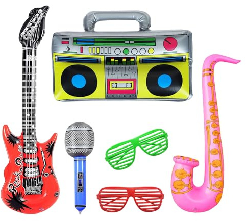 Aufblasbare Instrumente, 6 Stück Aufblasbare Rock Star Toy Set, Luftgitarren zum Aufblasen, Aufblasbare Radio 80er, Aufblasbare Saxophon Mikrofon, Jalousien Sonnenbrille für Party Deko