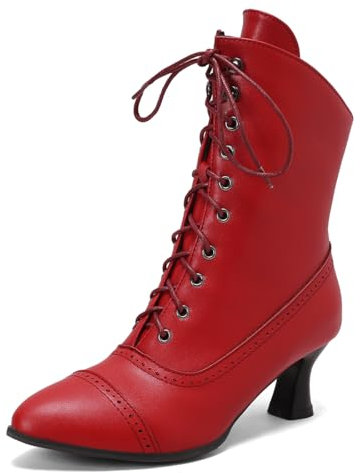 Carkuolary Womens Jahrgang Schnüren Calf Length Victorian Stiefel Leder Louis-XV Absatz Steampunk Gotisch Stiefel für Frauen Mädchen Damen Rot Große 38